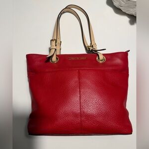 Michael Kors Medium Bedford Jet Set Red Cherry Pebbled Tote with Tan Straps